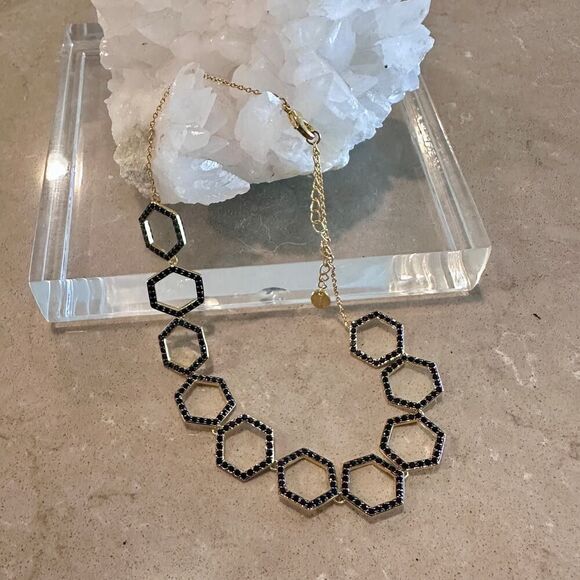 Sterling Forever Gold Hexagon Black CZ Necklace - Picture 1 of 7